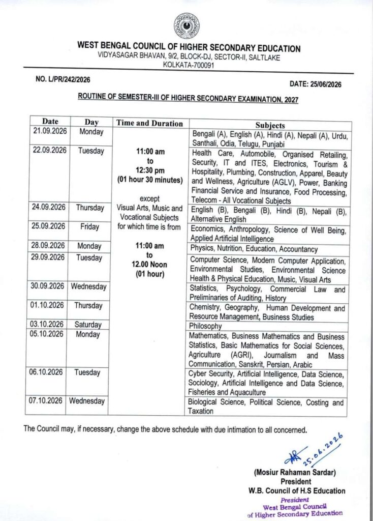 West Bengal HS Exam Routine 2026