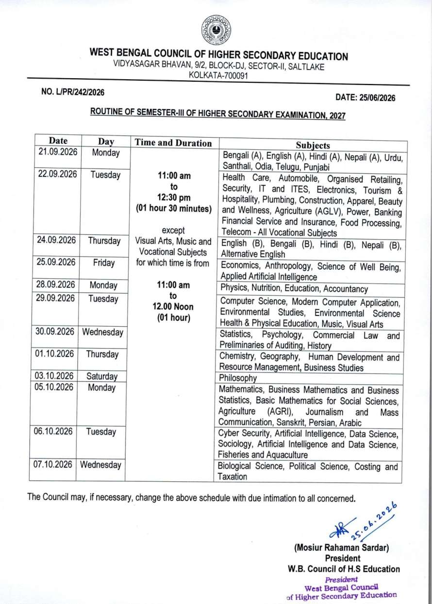 West Bengal HS Exam Routine 2026
